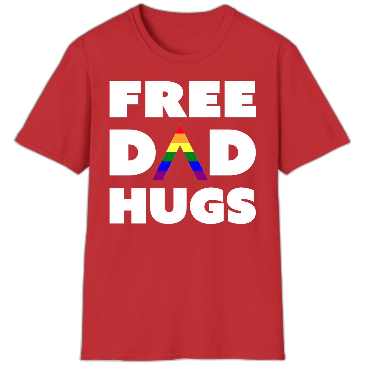 Free Dad Hugs pride design featuring a colorful rainbow triangle with red, orange, yellow, green, blue, and purple stripes in Red