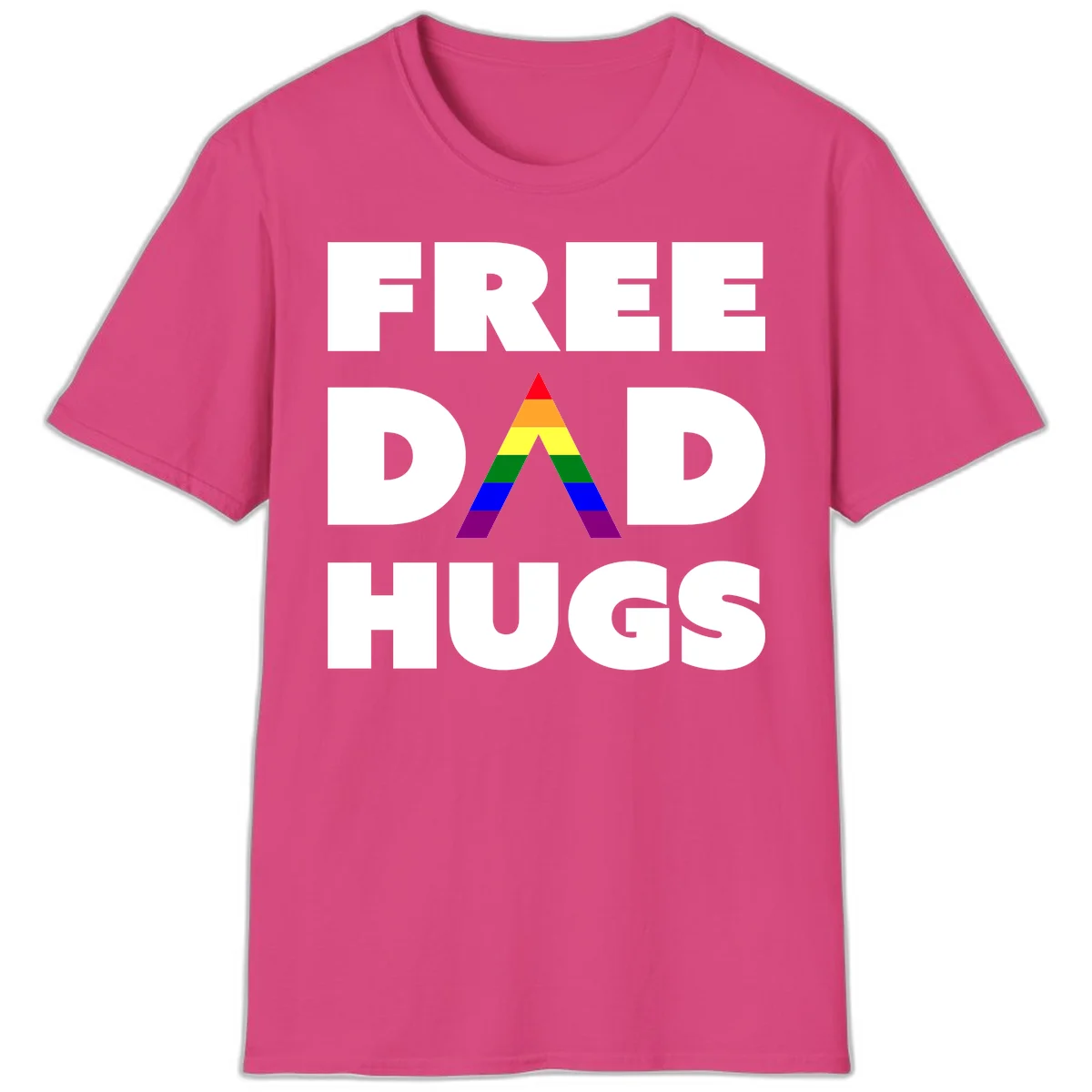 Free Dad Hugs pride design featuring a colorful rainbow triangle with red, orange, yellow, green, blue, and purple stripes in Heliconia