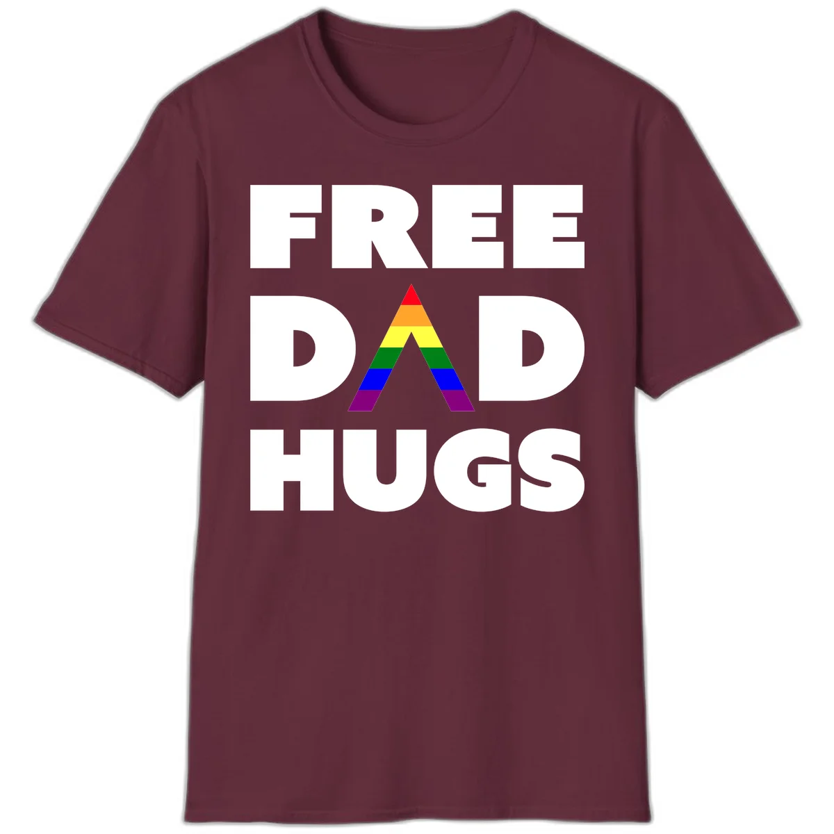 Free Dad Hugs pride design featuring a colorful rainbow triangle with red, orange, yellow, green, blue, and purple stripes in Maroon