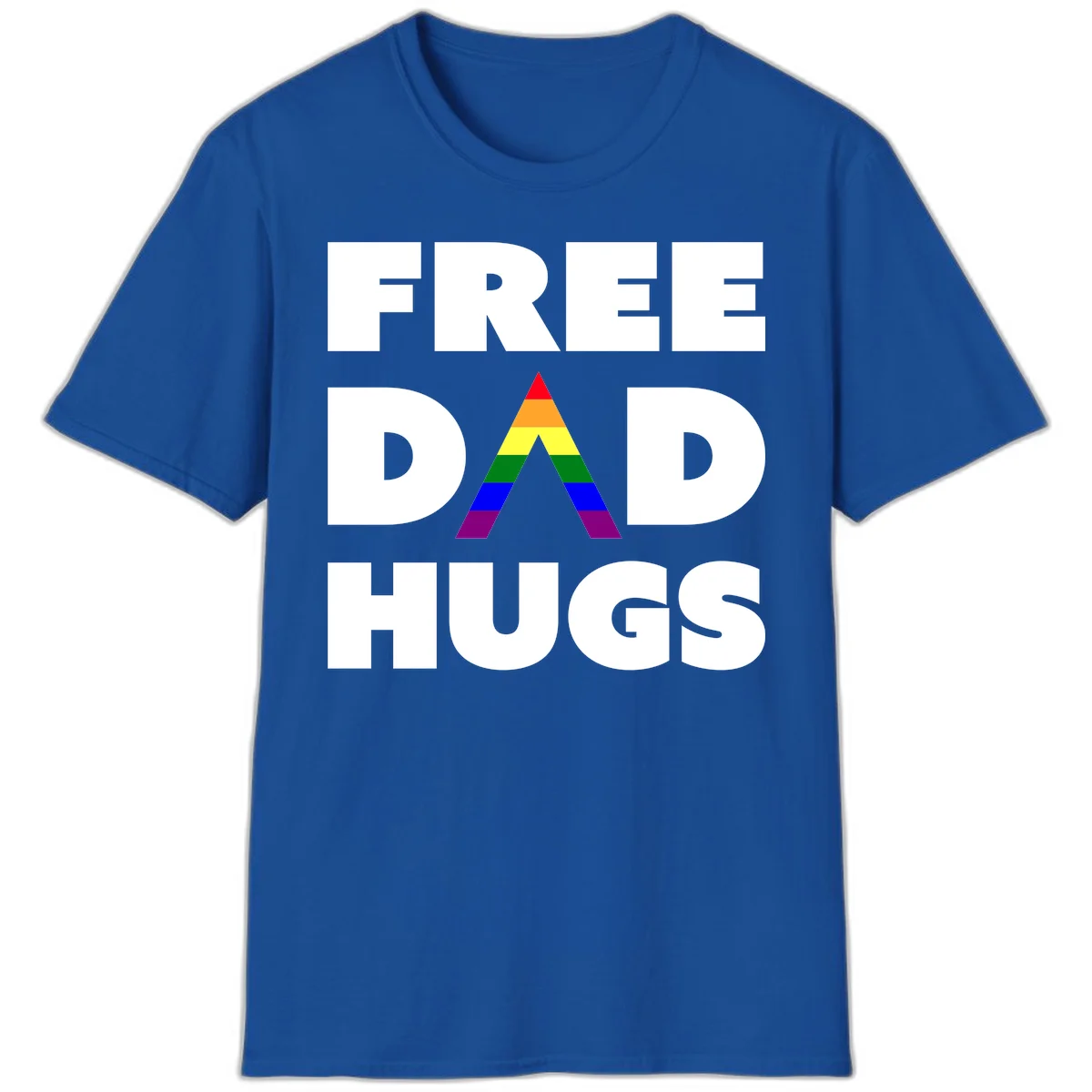 Free Dad Hugs pride design featuring a colorful rainbow triangle with red, orange, yellow, green, blue, and purple stripes in Royal