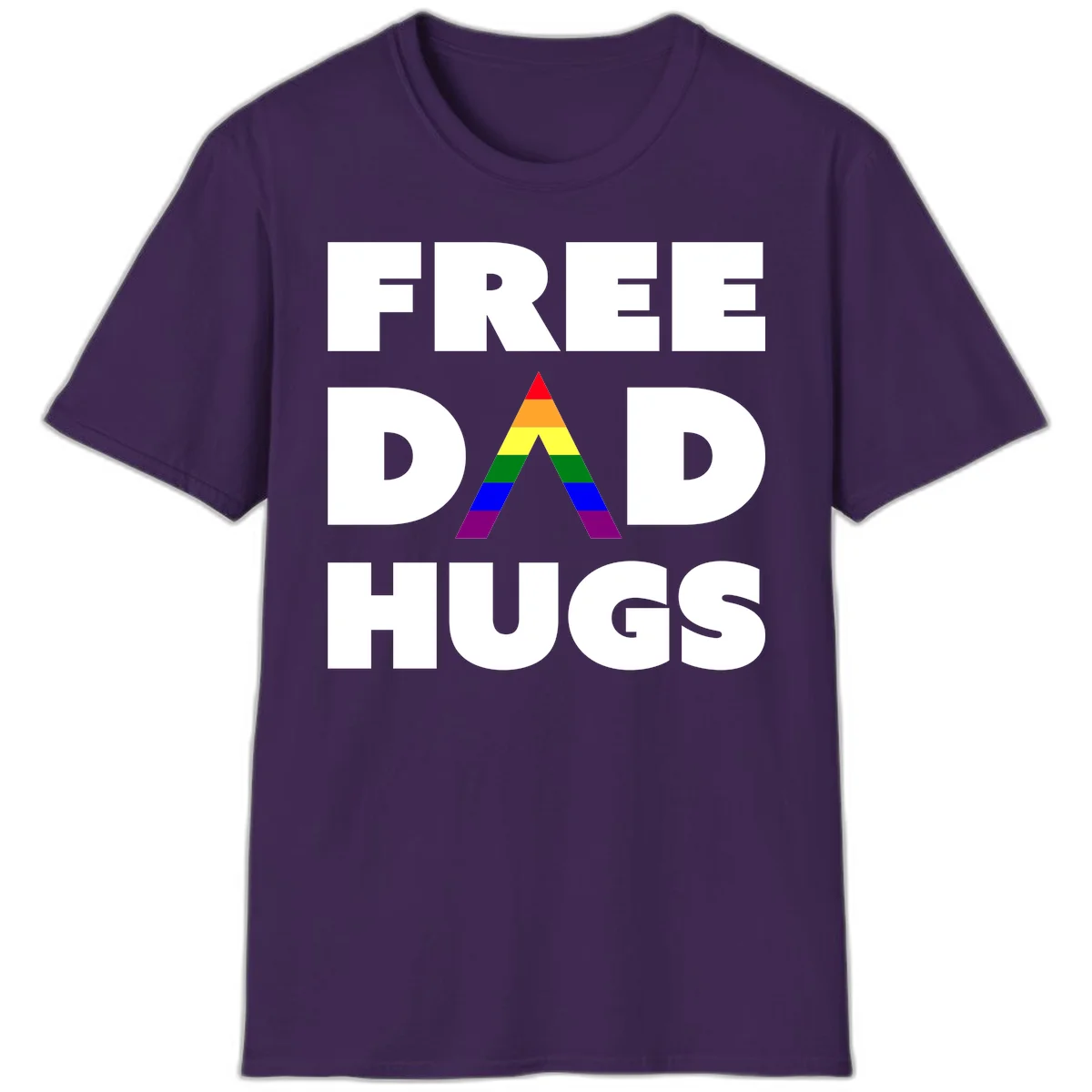 Free Dad Hugs pride design featuring a colorful rainbow triangle with red, orange, yellow, green, blue, and purple stripes in Purple