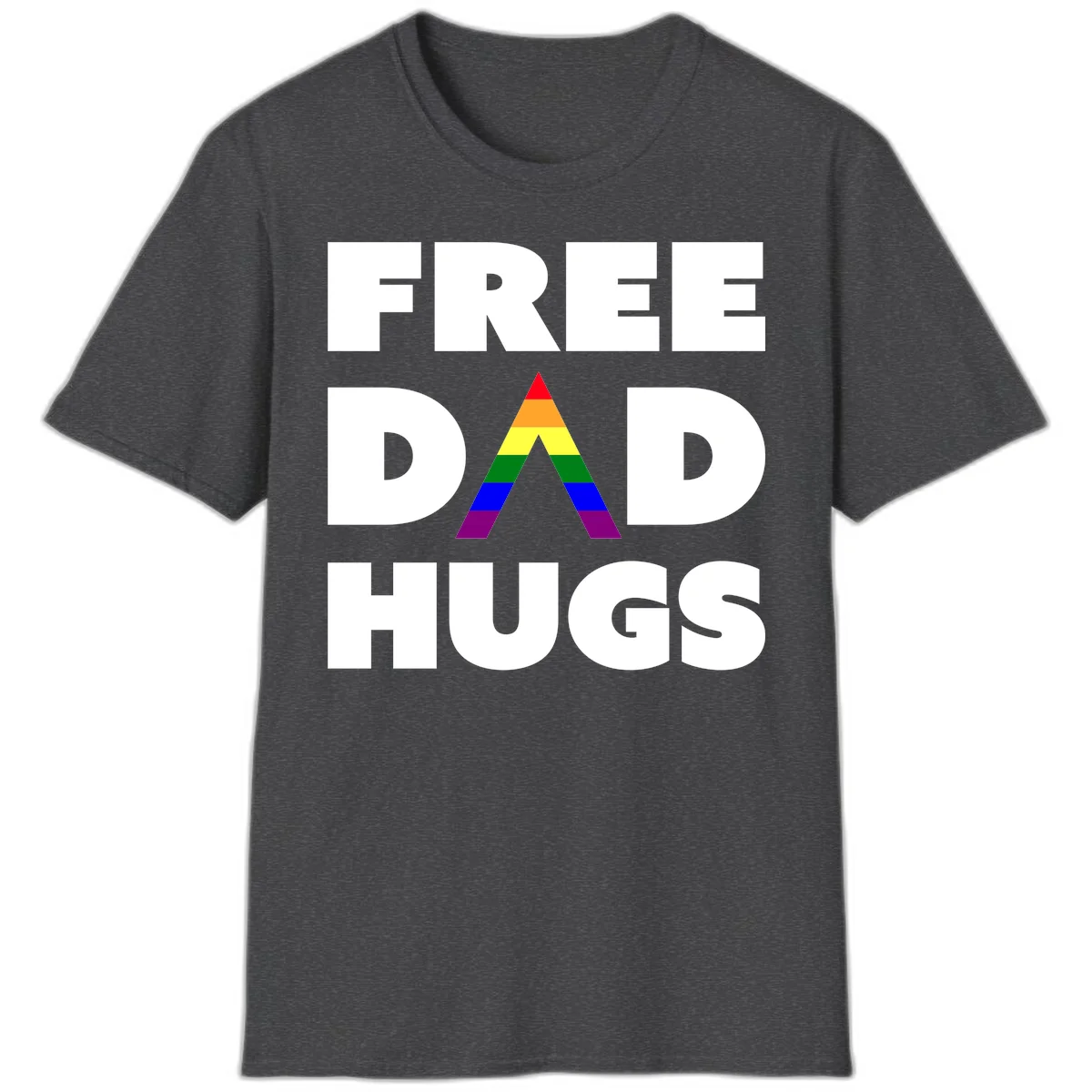 Free Dad Hugs pride design featuring a colorful rainbow triangle with red, orange, yellow, green, blue, and purple stripes in Dark Heather