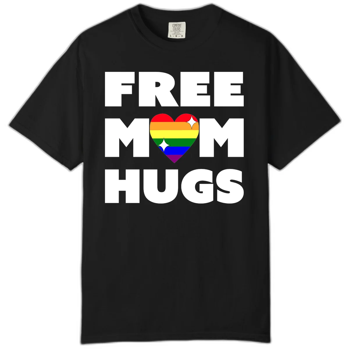Free Mom Hugs design with rainbow pride heart featuring red, orange, yellow, green, blue, and purple stripes with white sparkles in Black