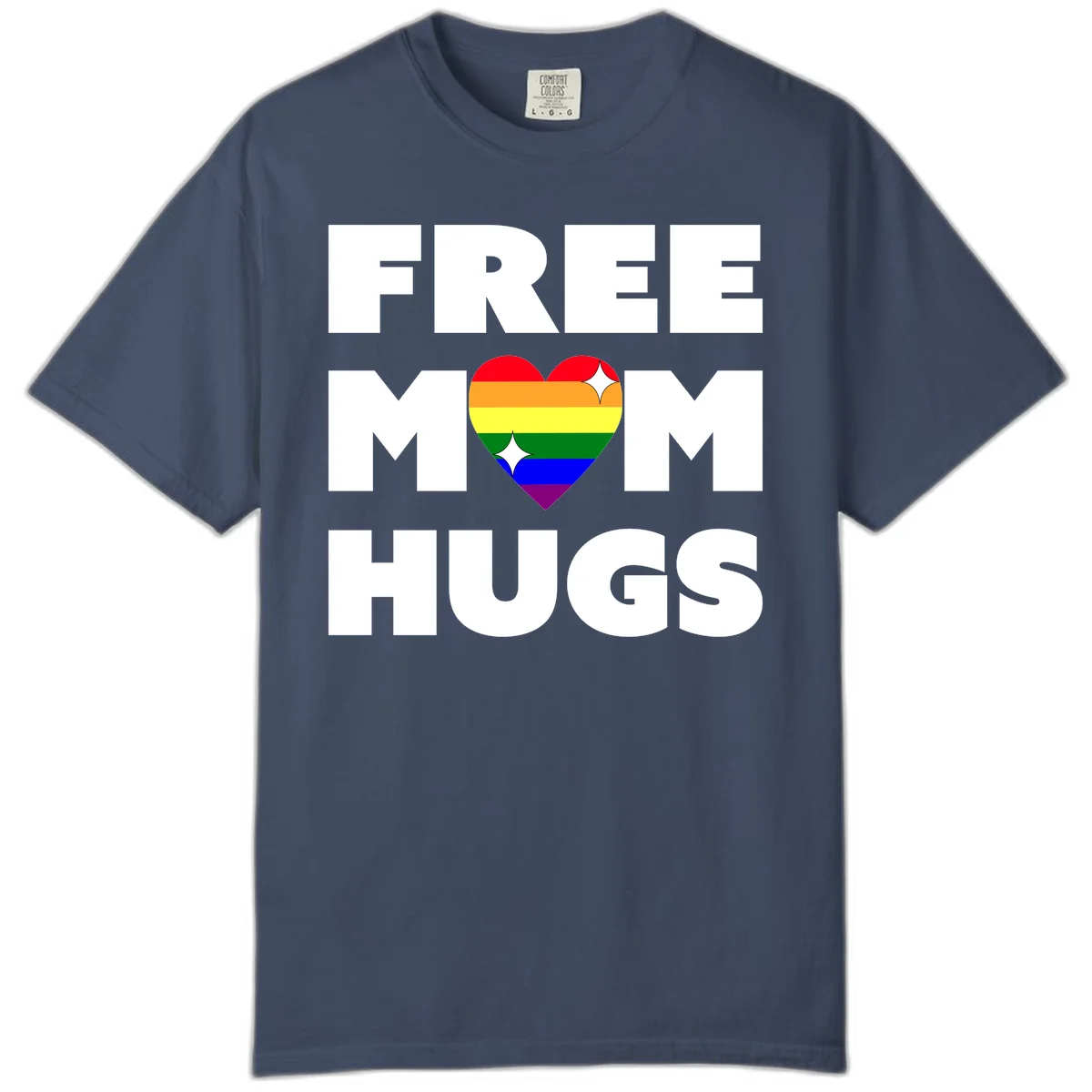 Free Mom Hugs design with rainbow pride heart featuring red, orange, yellow, green, blue, and purple stripes with white sparkles in Midnight