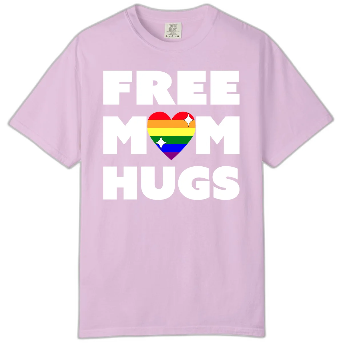 Free Mom Hugs design with rainbow pride heart featuring red, orange, yellow, green, blue, and purple stripes with white sparkles in Orchid