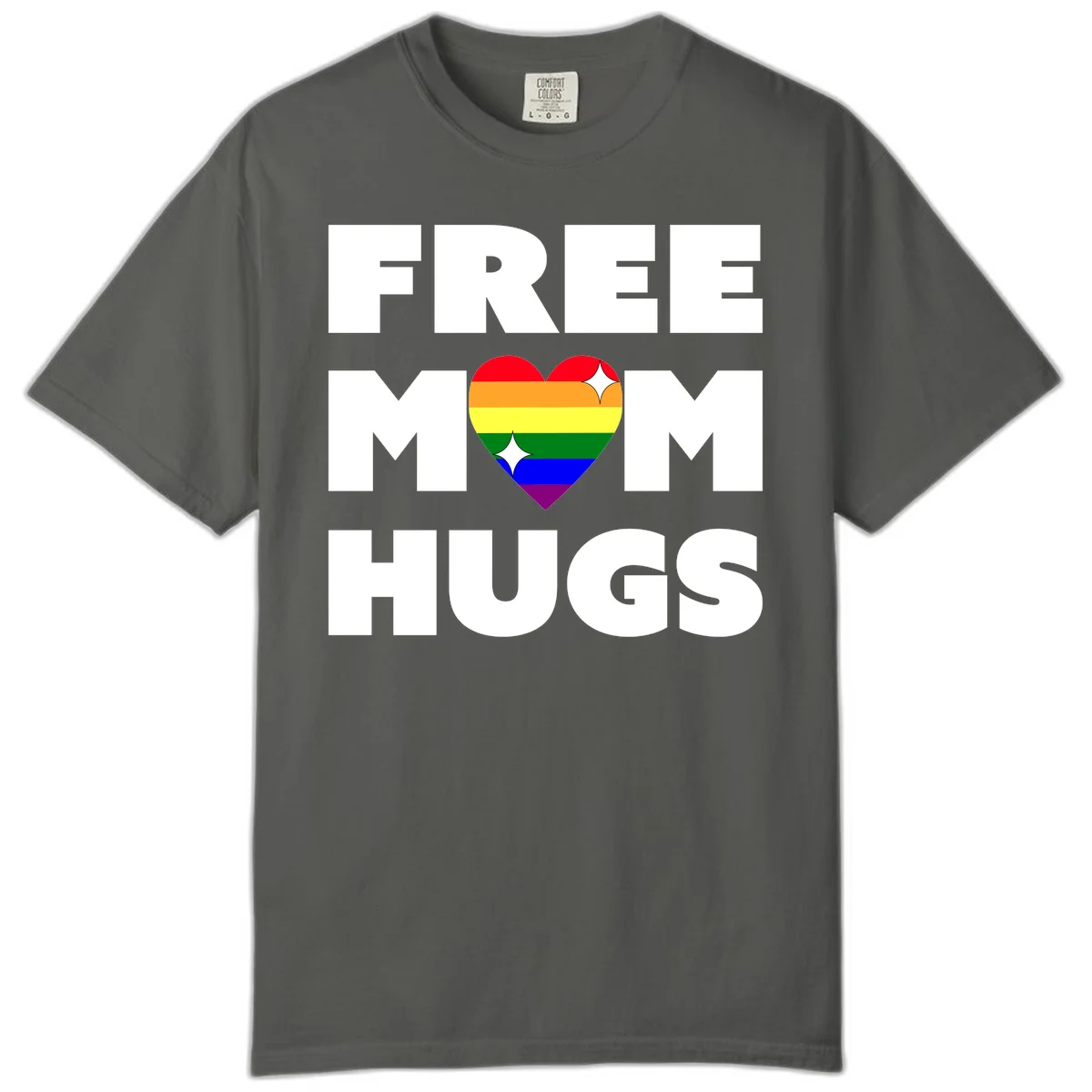 Free Mom Hugs design with rainbow pride heart featuring red, orange, yellow, green, blue, and purple stripes with white sparkles in Pepper
