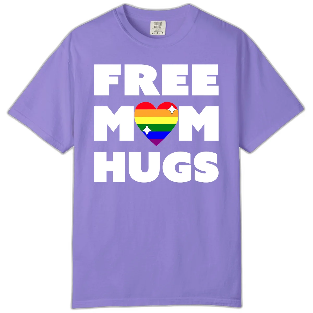 Free Mom Hugs design with rainbow pride heart featuring red, orange, yellow, green, blue, and purple stripes with white sparkles in Violet