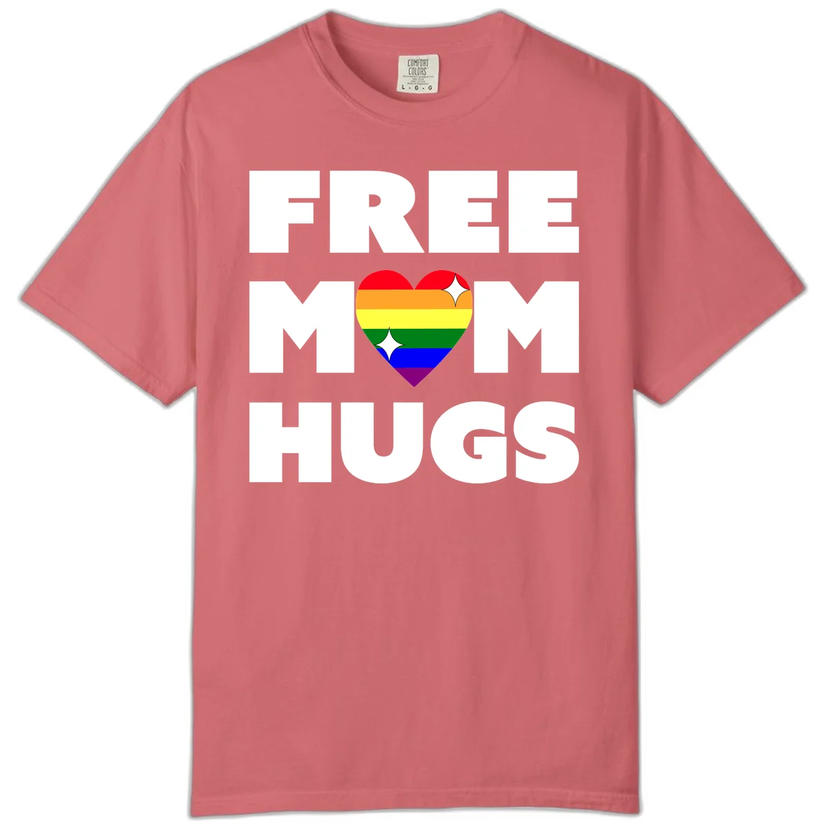 Free Mom Hugs design with rainbow pride heart featuring red, orange, yellow, green, blue, and purple stripes with white sparkles in Watermelon