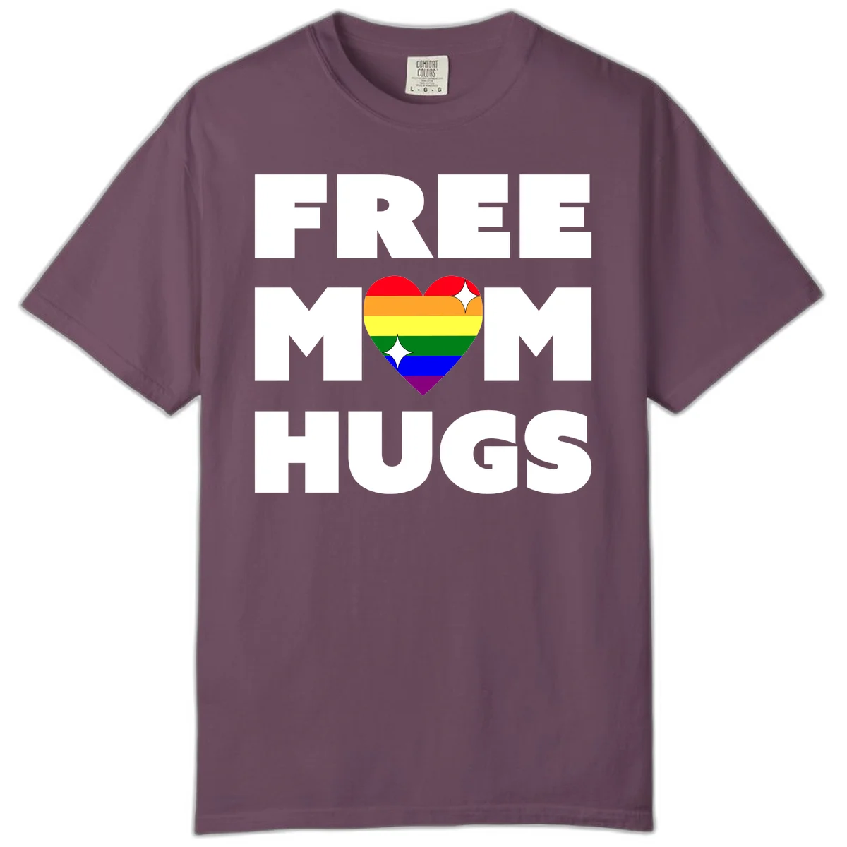 Free Mom Hugs design with rainbow pride heart featuring red, orange, yellow, green, blue, and purple stripes with white sparkles in Berry