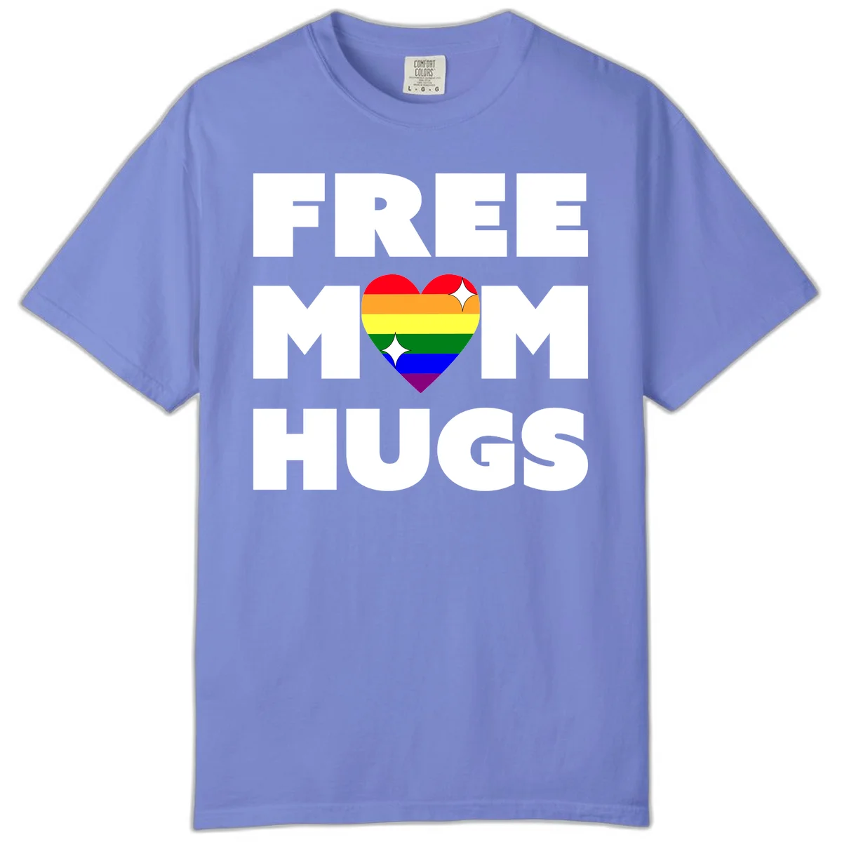 Free Mom Hugs design with rainbow pride heart featuring red, orange, yellow, green, blue, and purple stripes with white sparkles in Flo Blue