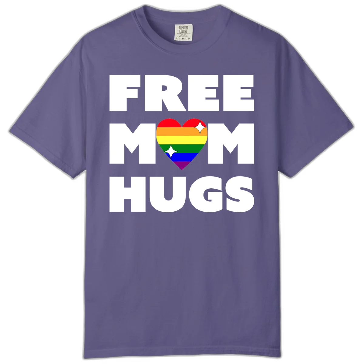 Free Mom Hugs design with rainbow pride heart featuring red, orange, yellow, green, blue, and purple stripes with white sparkles in Grape