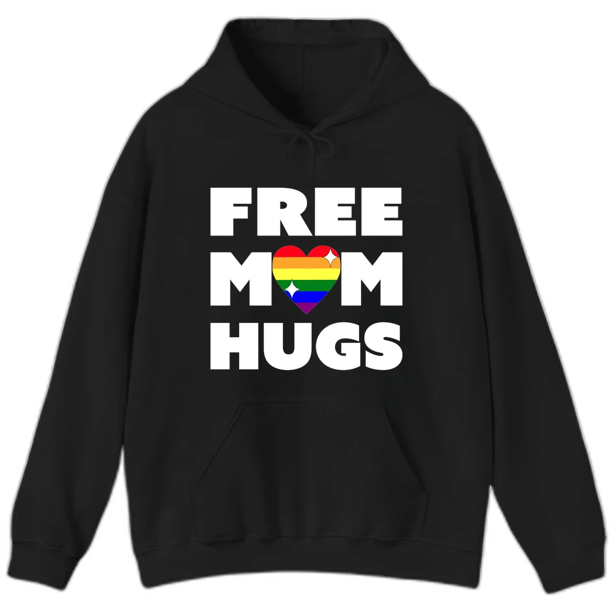 Free Mom Hugs design with rainbow pride heart featuring red, orange, yellow, green, blue, and purple stripes with white sparkles in Black