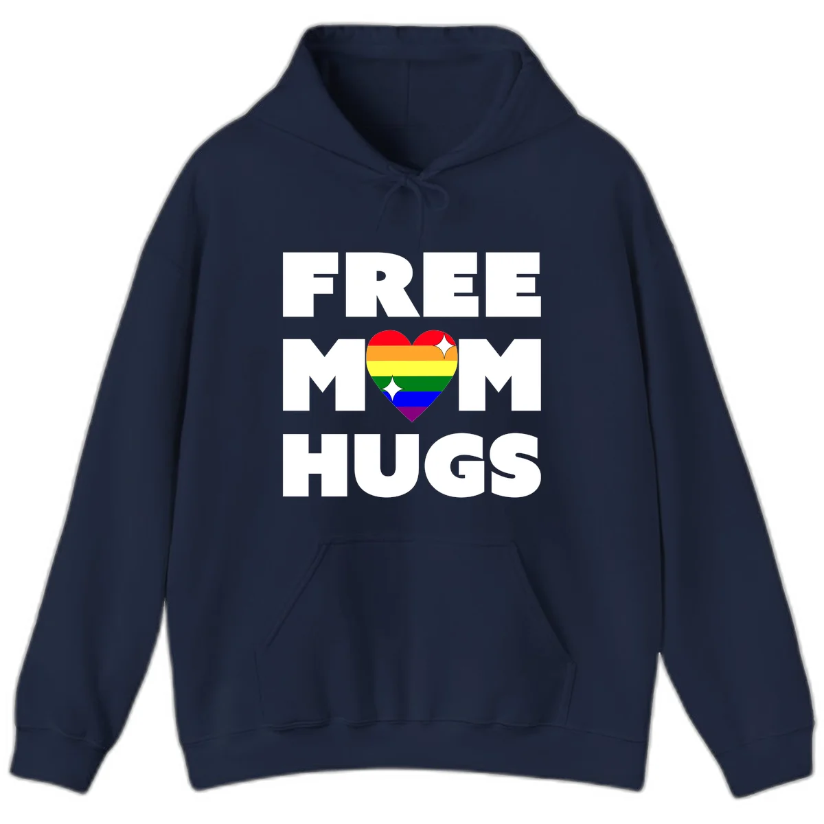 Free Mom Hugs design with rainbow pride heart featuring red, orange, yellow, green, blue, and purple stripes with white sparkles in Navy