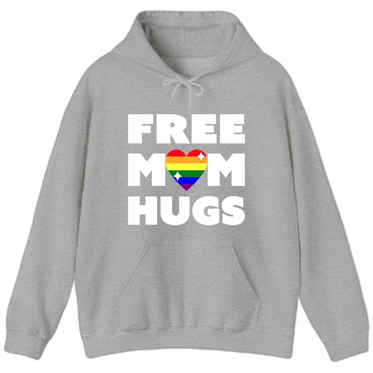 Free Mom Hugs design with rainbow pride heart featuring red, orange, yellow, green, blue, and purple stripes with white sparkles in Sport Grey