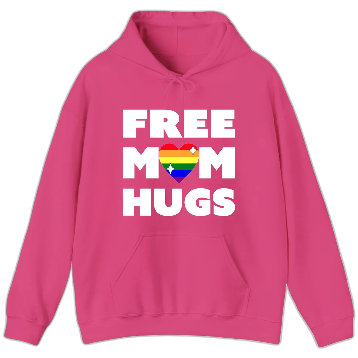 Free Mom Hugs design with rainbow pride heart featuring red, orange, yellow, green, blue, and purple stripes with white sparkles in Heliconia