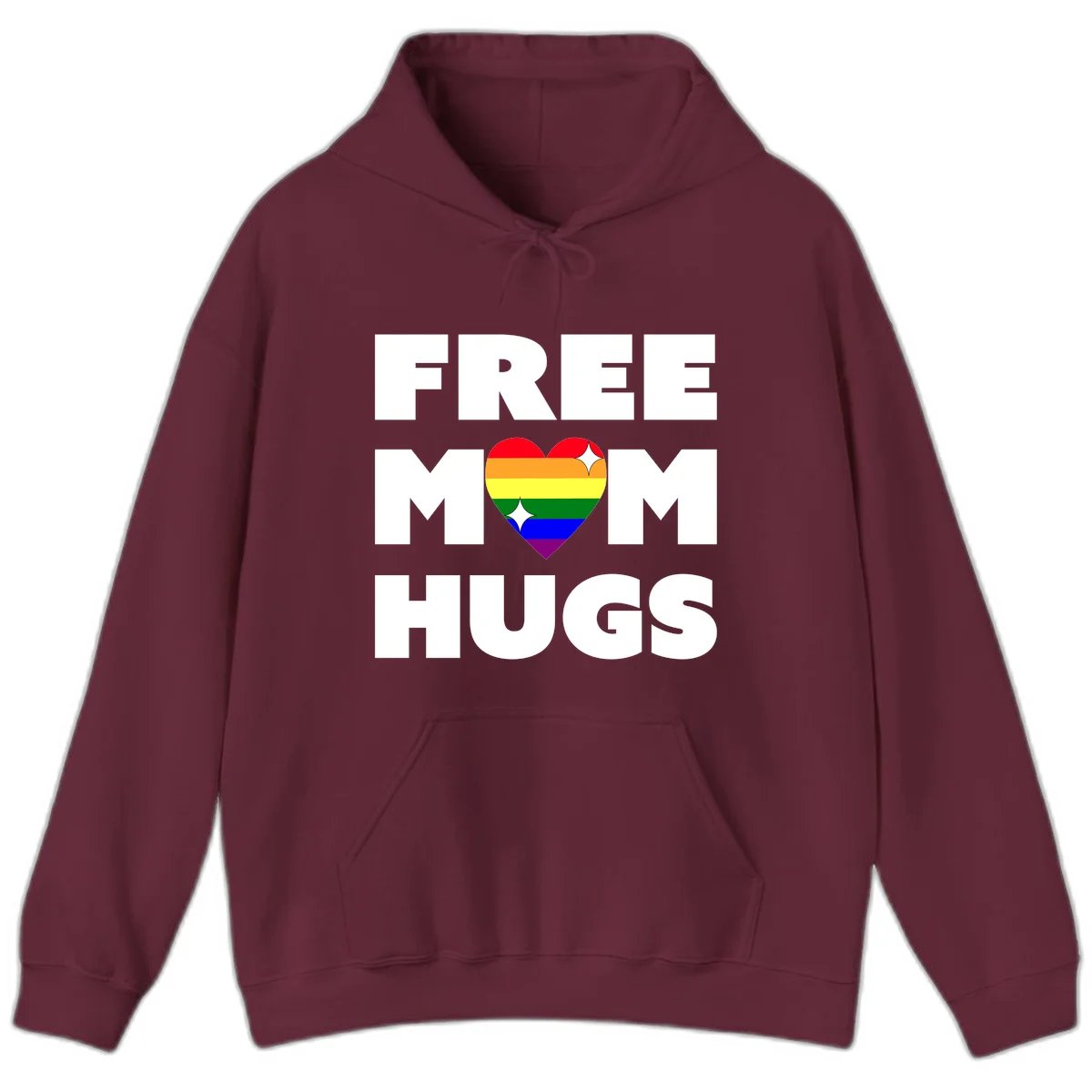 Free Mom Hugs design with rainbow pride heart featuring red, orange, yellow, green, blue, and purple stripes with white sparkles in Maroon