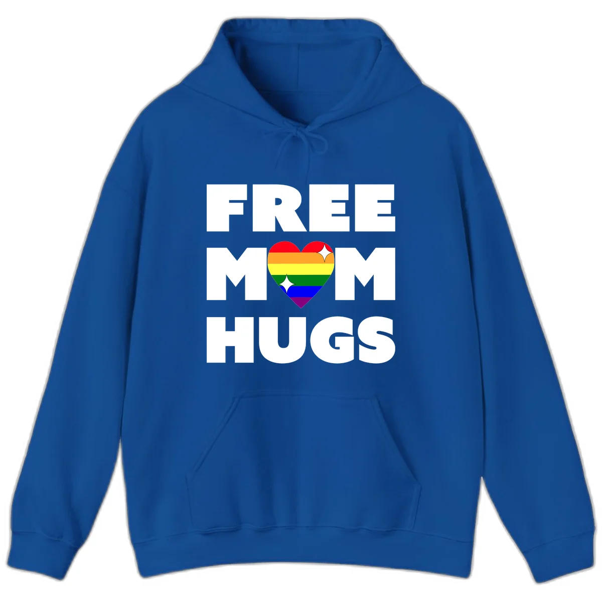 Free Mom Hugs design with rainbow pride heart featuring red, orange, yellow, green, blue, and purple stripes with white sparkles in Royal