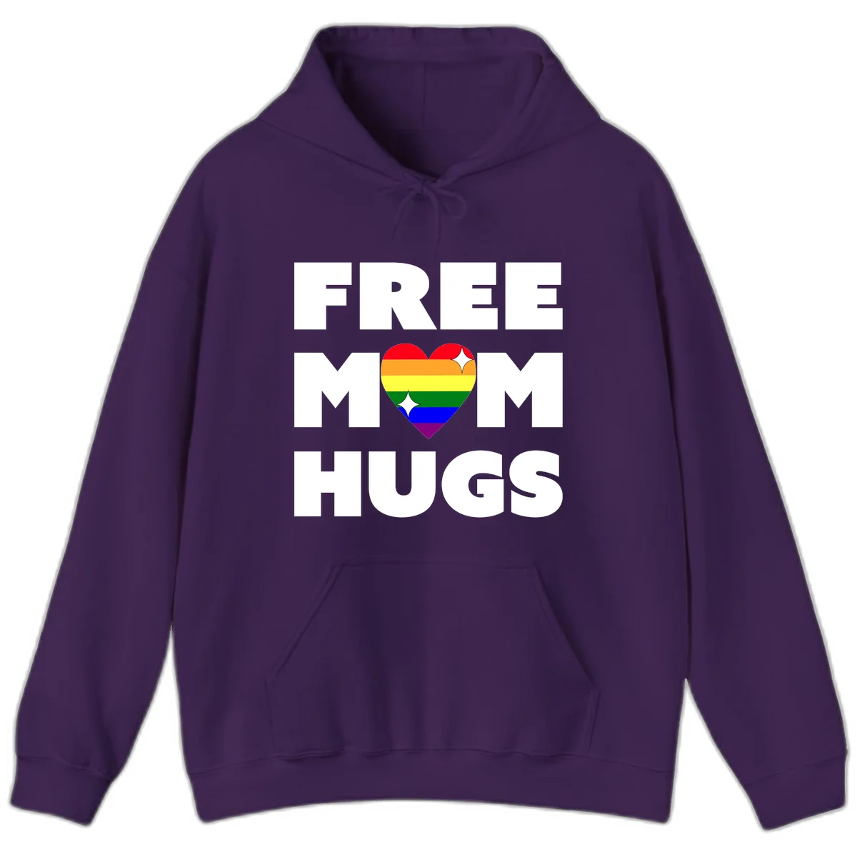 Free Mom Hugs design with rainbow pride heart featuring red, orange, yellow, green, blue, and purple stripes with white sparkles in Purple