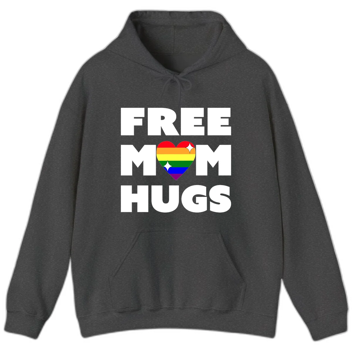 Free Mom Hugs design with rainbow pride heart featuring red, orange, yellow, green, blue, and purple stripes with white sparkles in Dark Heather