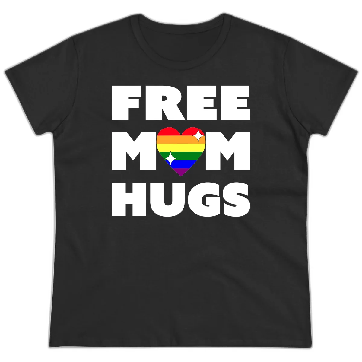 Free Mom Hugs design with rainbow pride heart featuring red, orange, yellow, green, blue, and purple stripes with white sparkles in Black