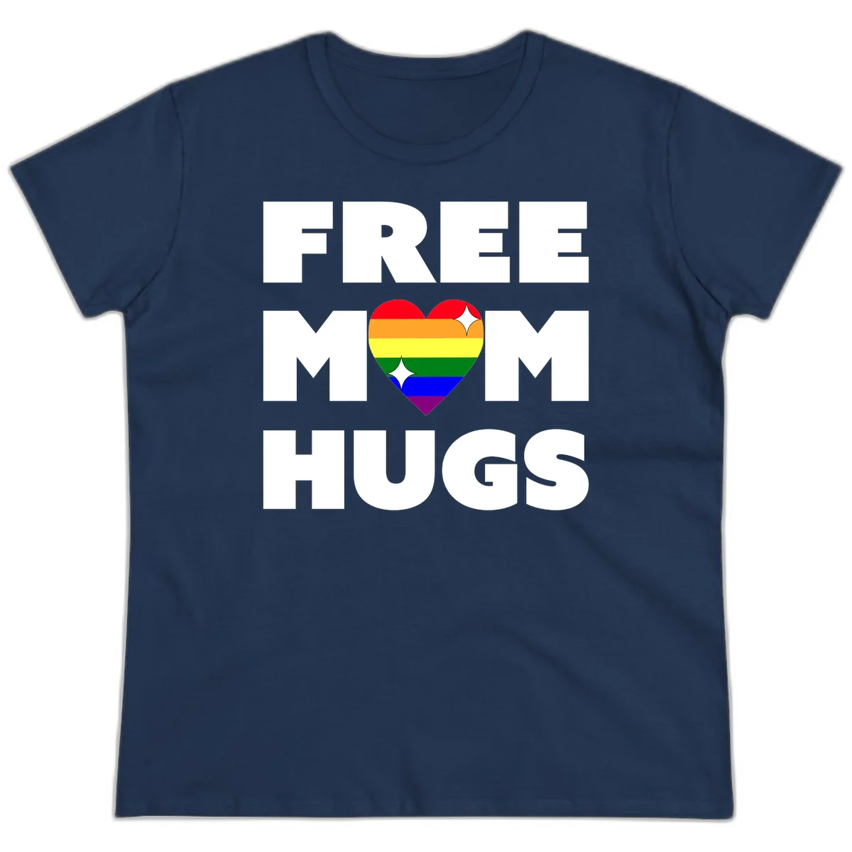 Free Mom Hugs design with rainbow pride heart featuring red, orange, yellow, green, blue, and purple stripes with white sparkles in Navy