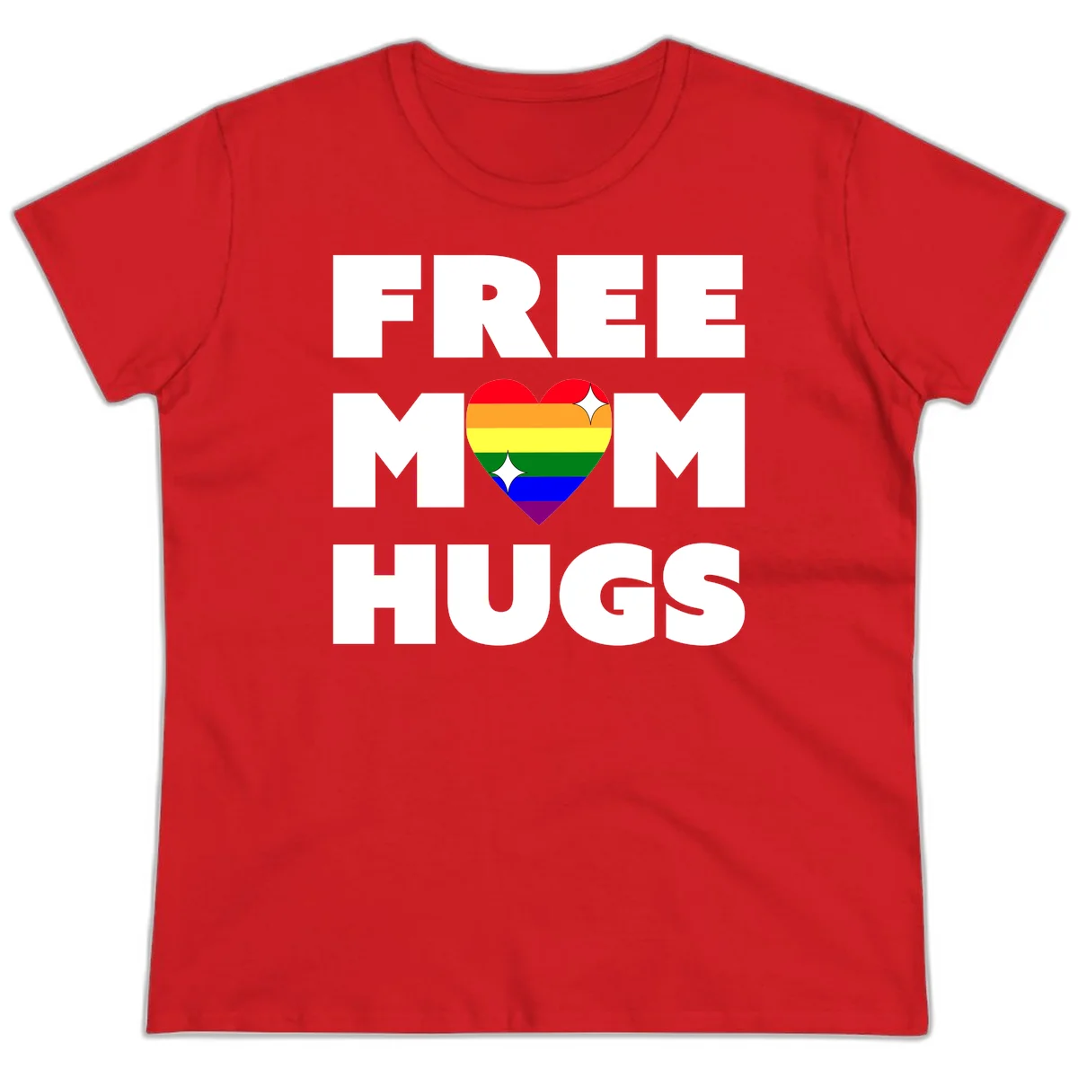 Free Mom Hugs design with rainbow pride heart featuring red, orange, yellow, green, blue, and purple stripes with white sparkles in Red