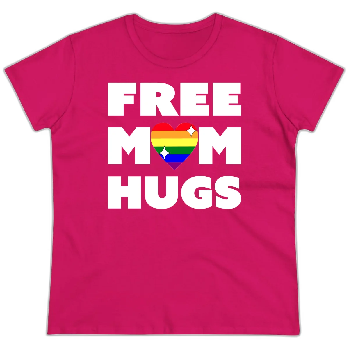 Free Mom Hugs design with rainbow pride heart featuring red, orange, yellow, green, blue, and purple stripes with white sparkles in Heliconia