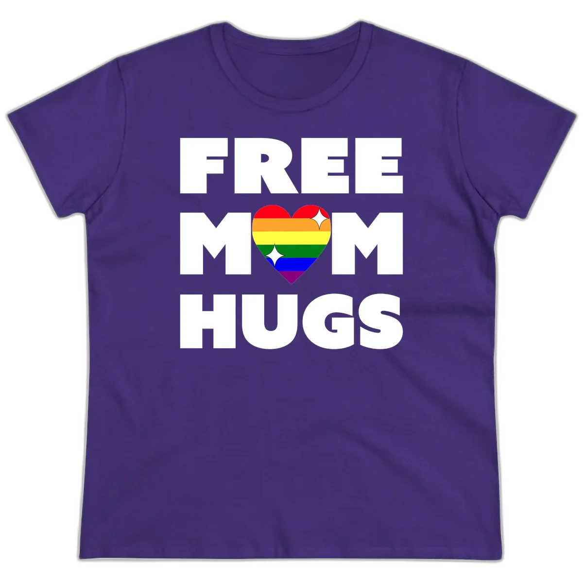 Free Mom Hugs design with rainbow pride heart featuring red, orange, yellow, green, blue, and purple stripes with white sparkles in Purple