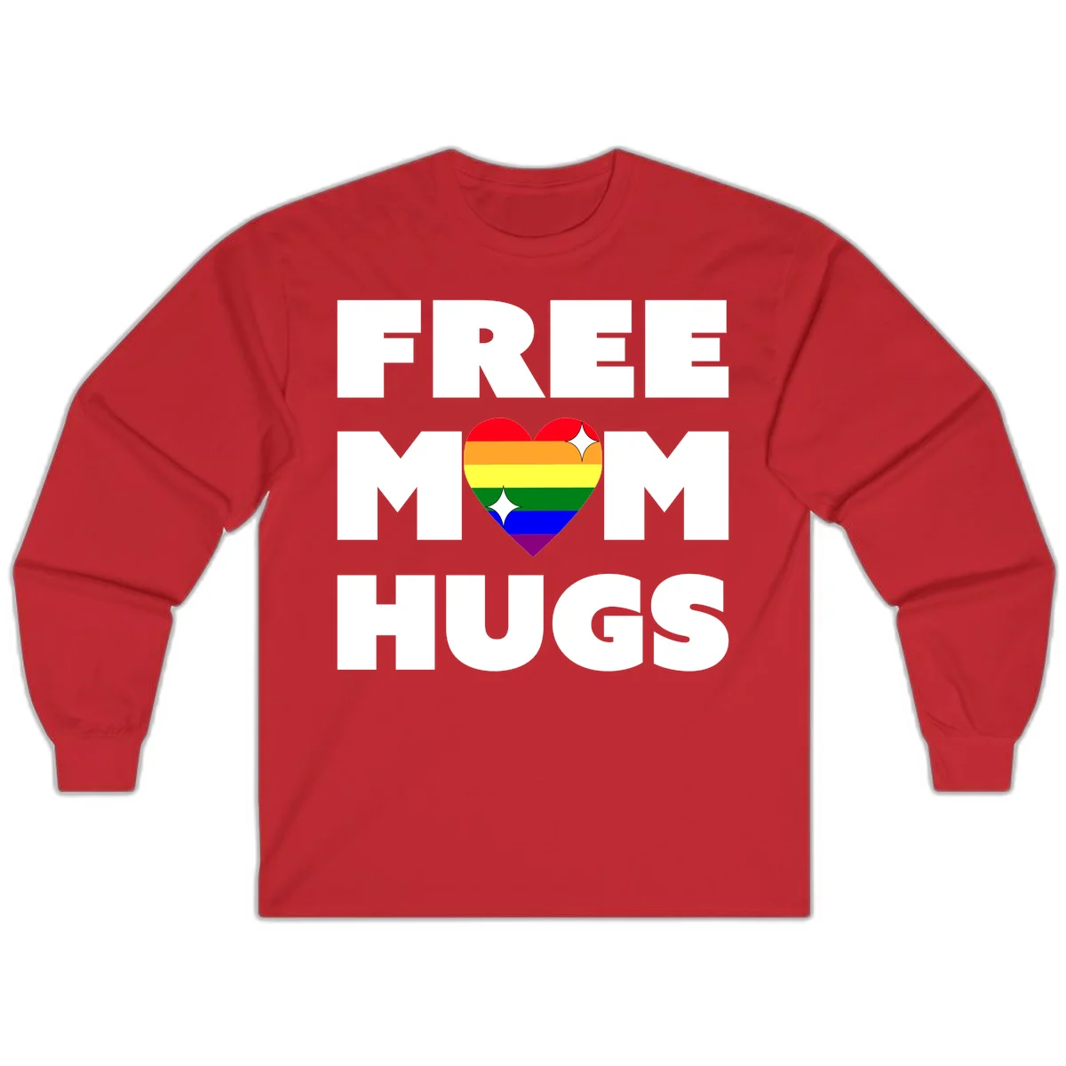 Free Mom Hugs design with rainbow pride heart featuring red, orange, yellow, green, blue, and purple stripes with white sparkles in Red