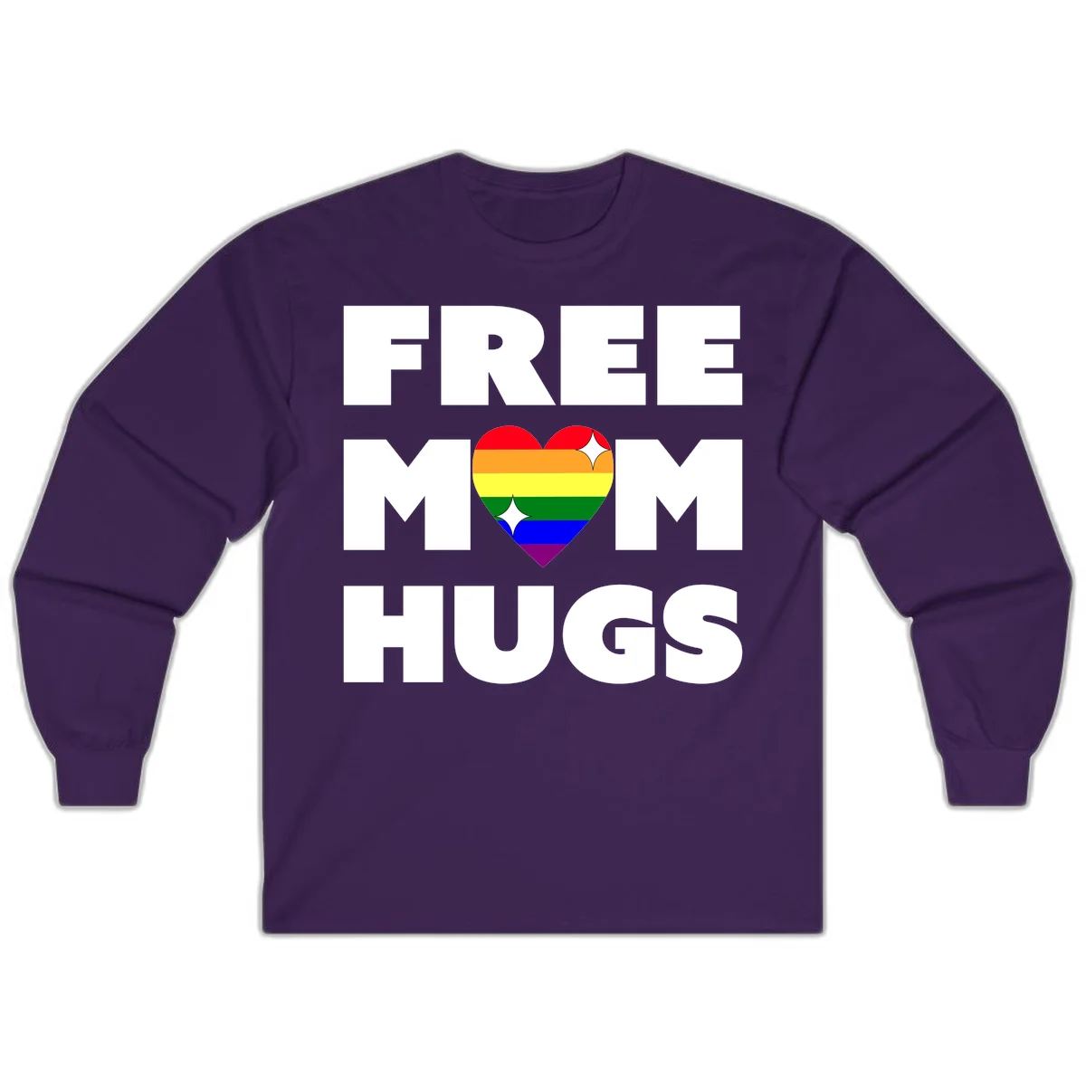 Free Mom Hugs design with rainbow pride heart featuring red, orange, yellow, green, blue, and purple stripes with white sparkles in Purple