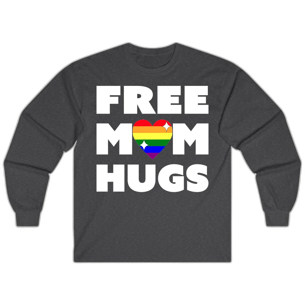 Free Mom Hugs design with rainbow pride heart featuring red, orange, yellow, green, blue, and purple stripes with white sparkles in Dark Heather