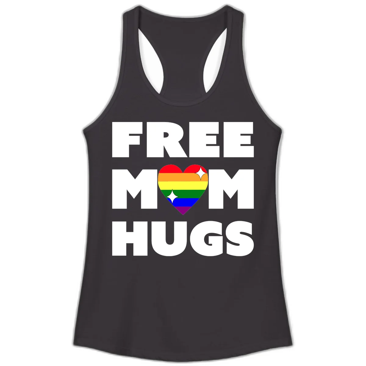 Free Mom Hugs design with rainbow pride heart featuring red, orange, yellow, green, blue, and purple stripes with white sparkles in Black