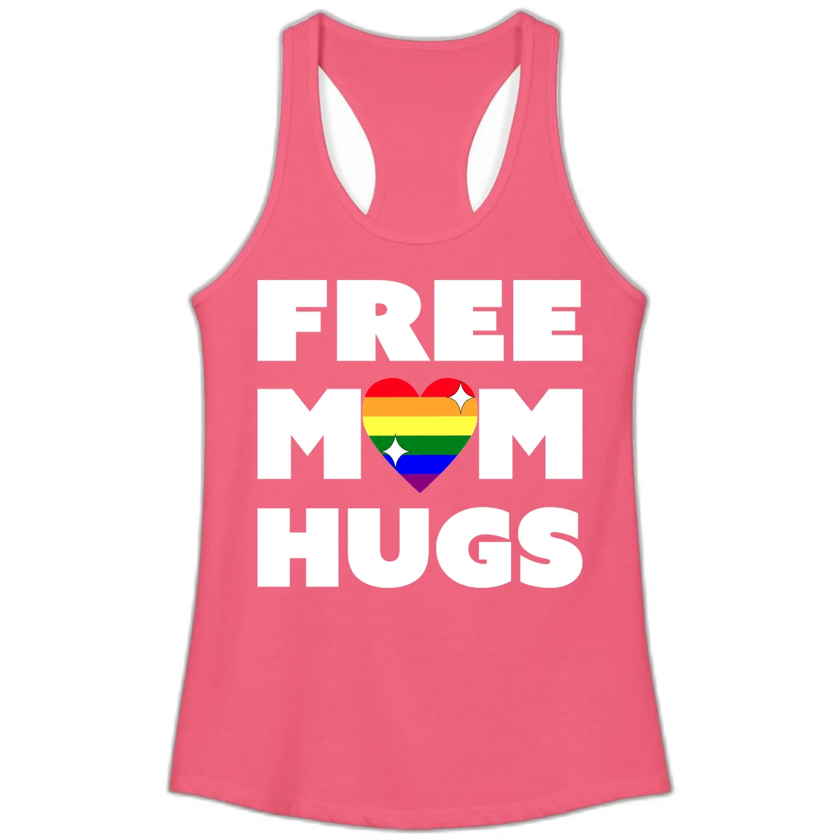 Free Mom Hugs design with rainbow pride heart featuring red, orange, yellow, green, blue, and purple stripes with white sparkles in Hot Pink