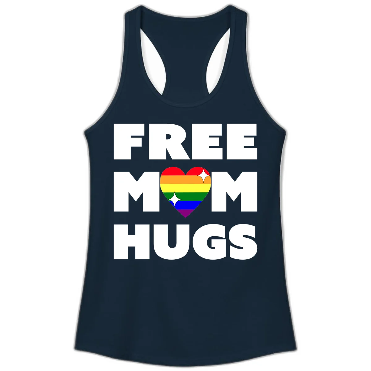 Free Mom Hugs design with rainbow pride heart featuring red, orange, yellow, green, blue, and purple stripes with white sparkles in Solid Midnight Navy