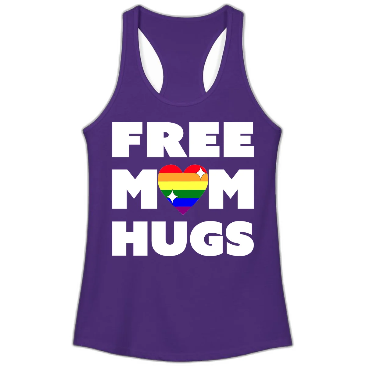 Free Mom Hugs design with rainbow pride heart featuring red, orange, yellow, green, blue, and purple stripes with white sparkles in Solid Purple Rush