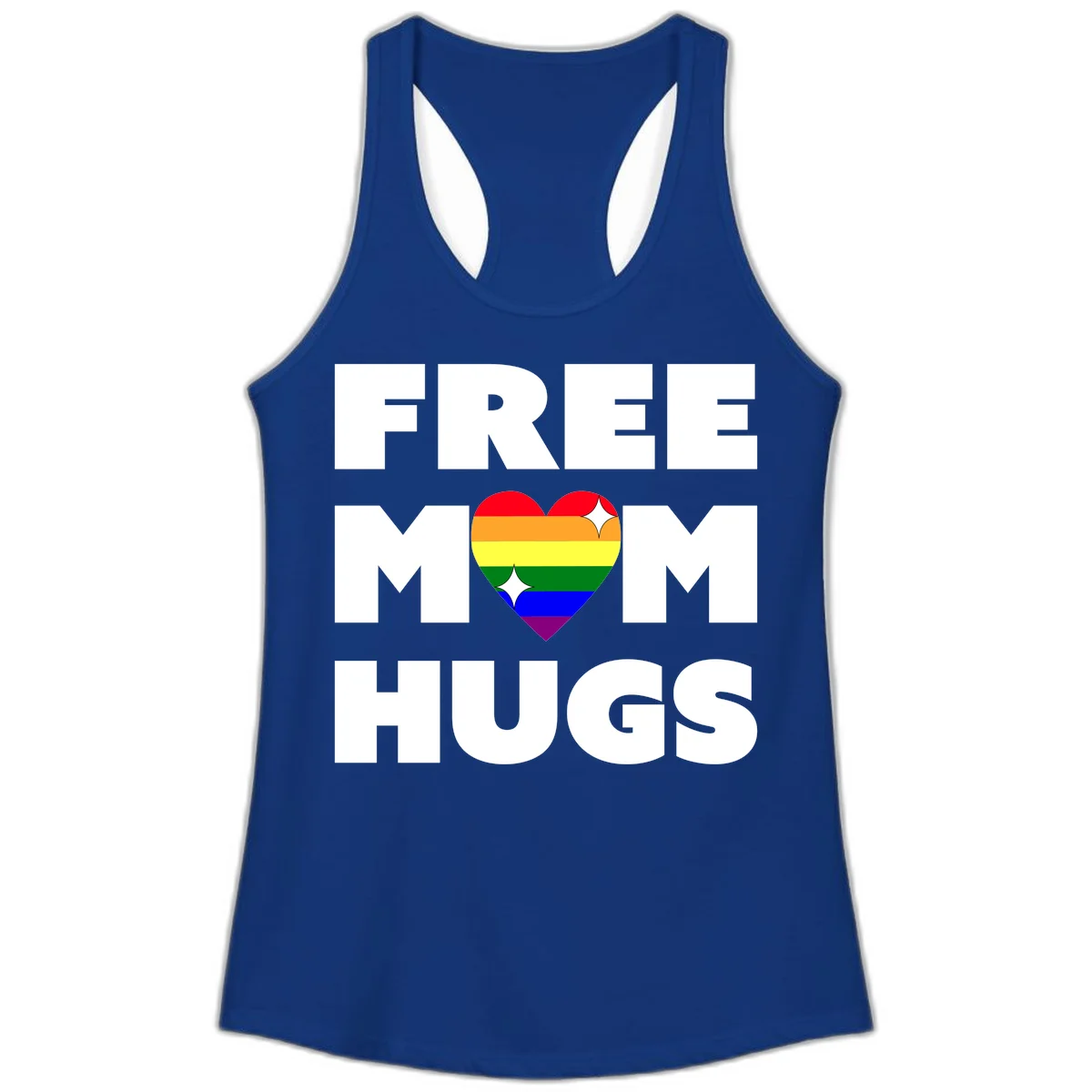 Free Mom Hugs design with rainbow pride heart featuring red, orange, yellow, green, blue, and purple stripes with white sparkles in Solid Royal