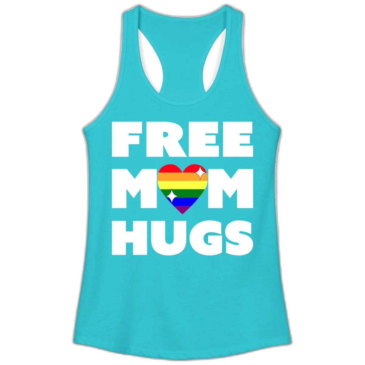 Free Mom Hugs design with rainbow pride heart featuring red, orange, yellow, green, blue, and purple stripes with white sparkles in Solid Tahiti Blue