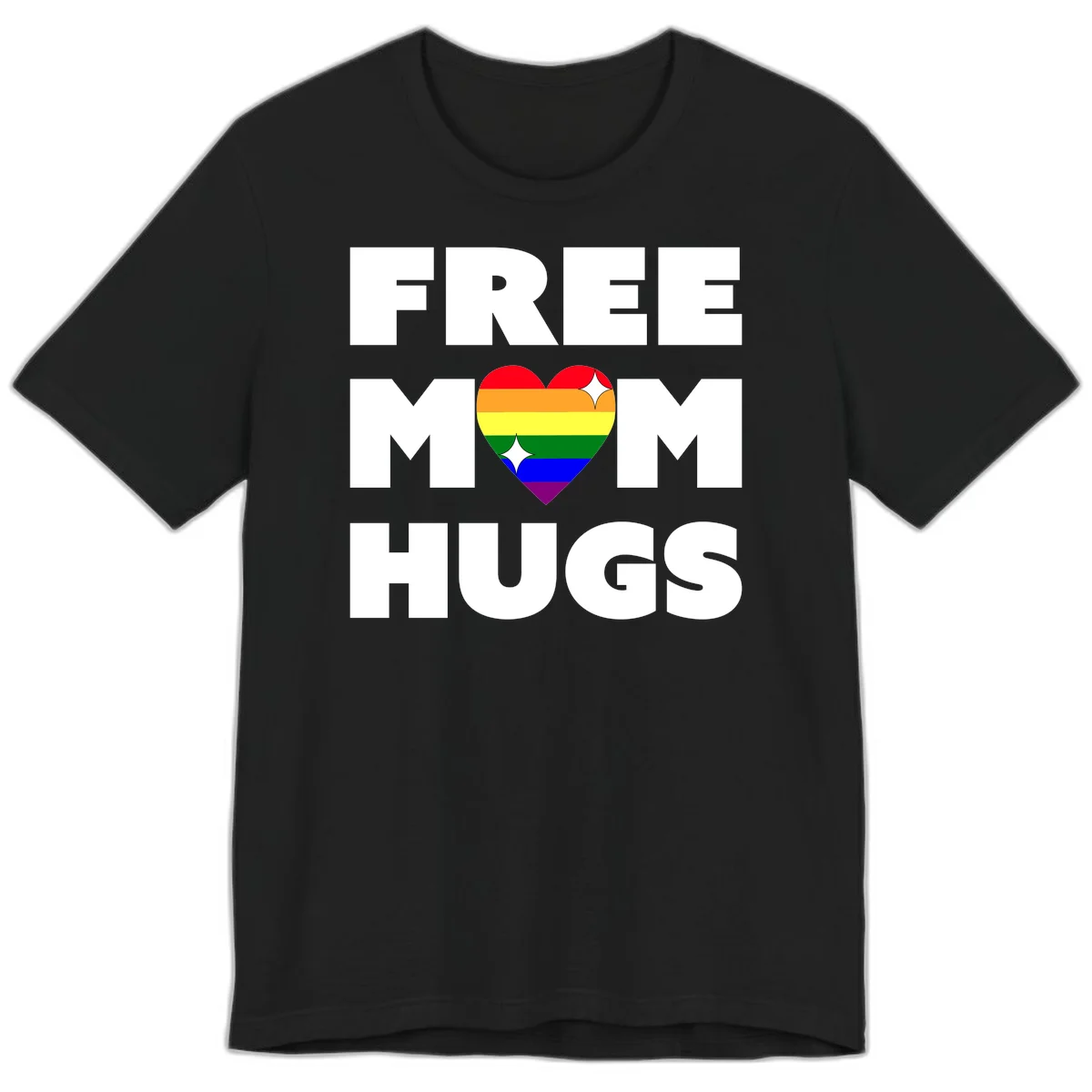 Free Mom Hugs design with rainbow pride heart featuring red, orange, yellow, green, blue, and purple stripes with white sparkles in Black