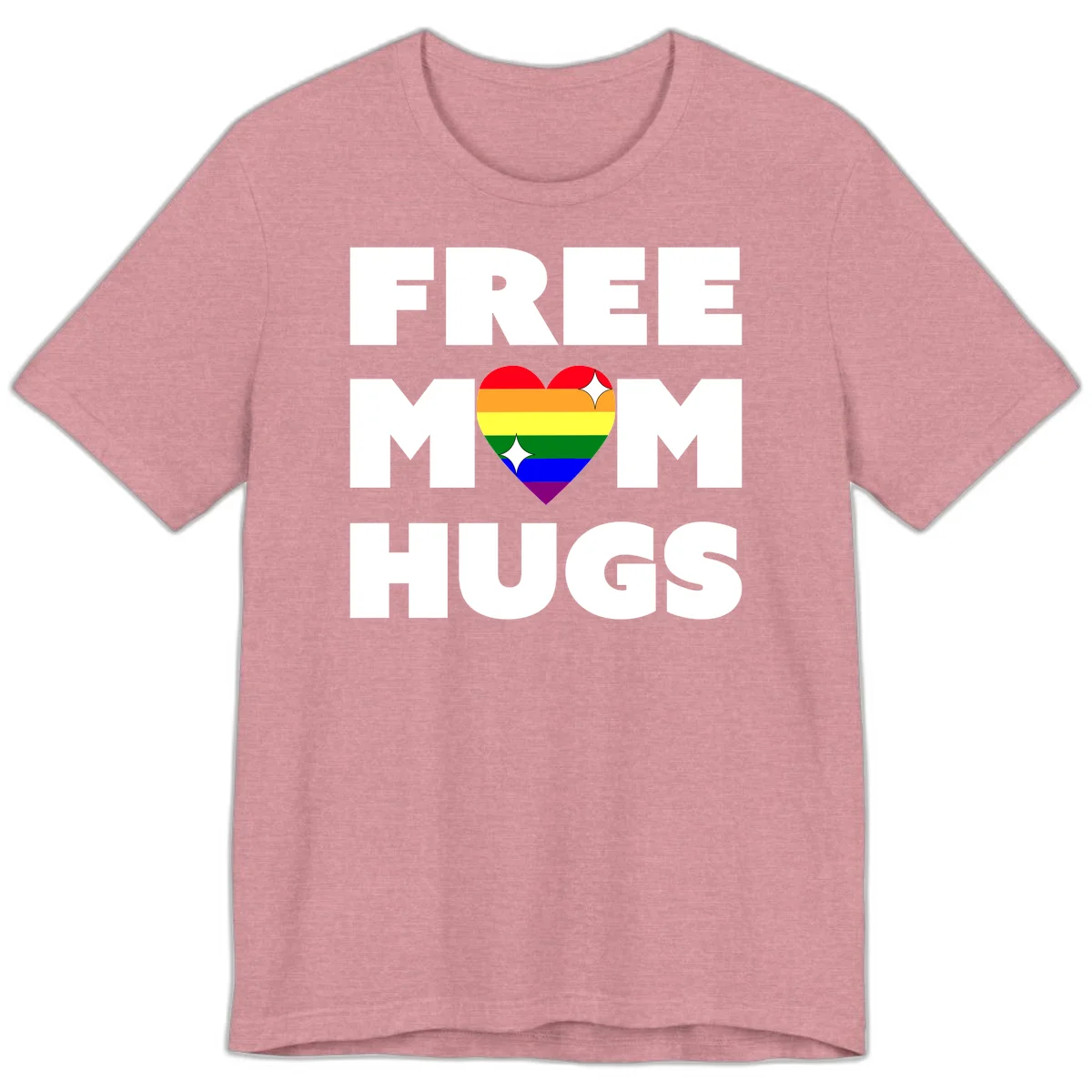 Free Mom Hugs design with rainbow pride heart featuring red, orange, yellow, green, blue, and purple stripes with white sparkles in Heather Orchid