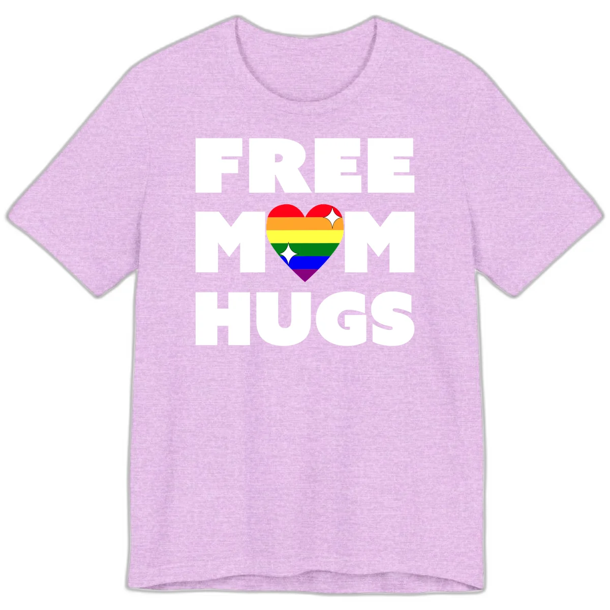 Free Mom Hugs design with rainbow pride heart featuring red, orange, yellow, green, blue, and purple stripes with white sparkles in Heather Prism Lilac