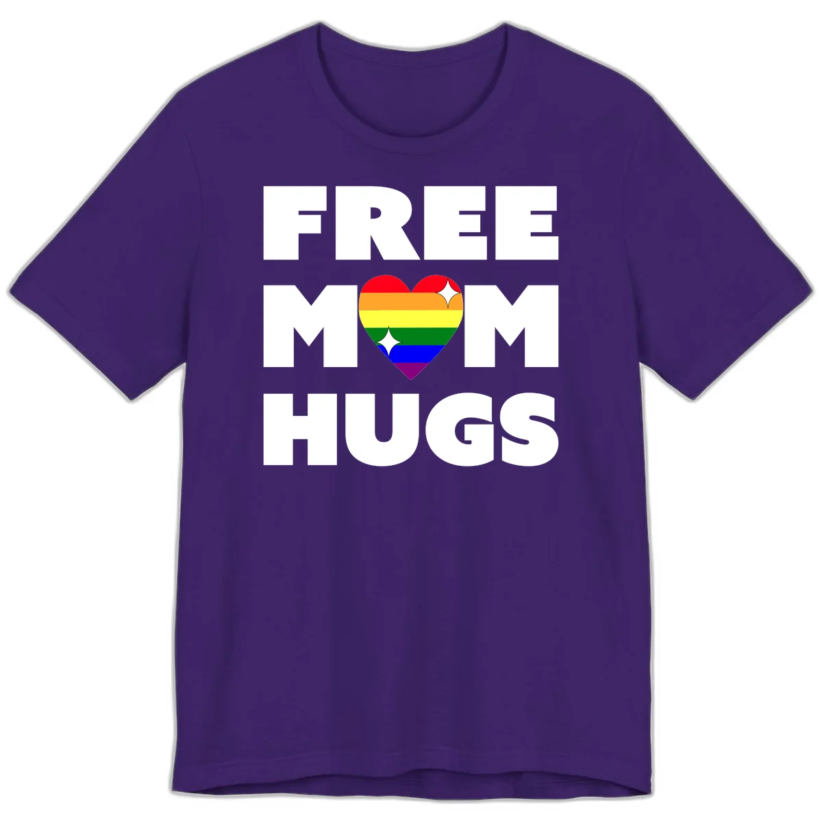 Free Mom Hugs design with rainbow pride heart featuring red, orange, yellow, green, blue, and purple stripes with white sparkles in Team Purple