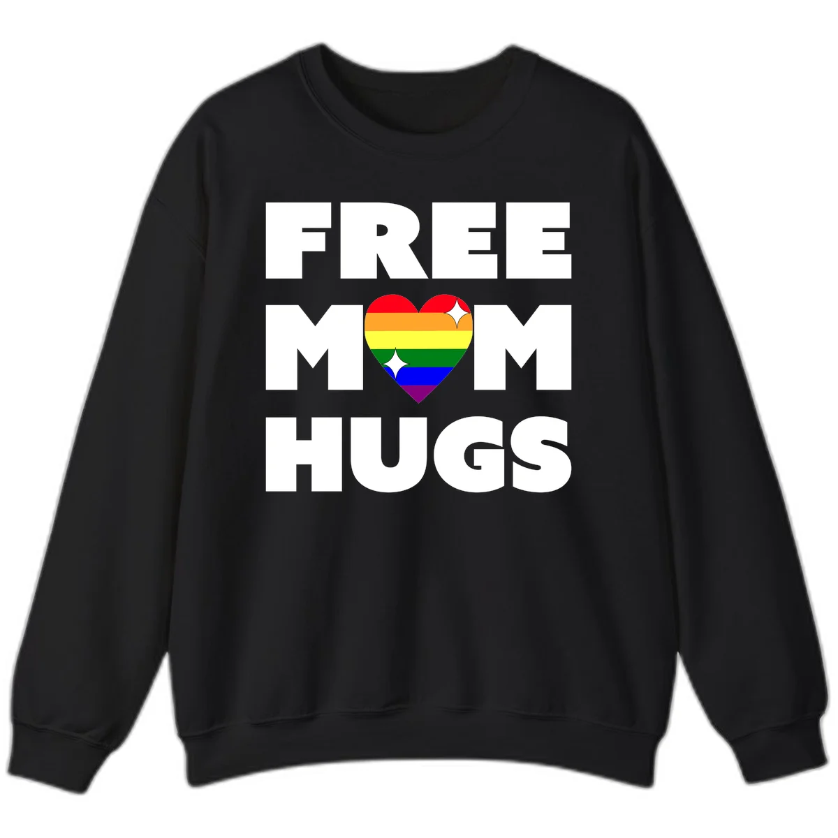 Free Mom Hugs design with rainbow pride heart featuring red, orange, yellow, green, blue, and purple stripes with white sparkles in Black