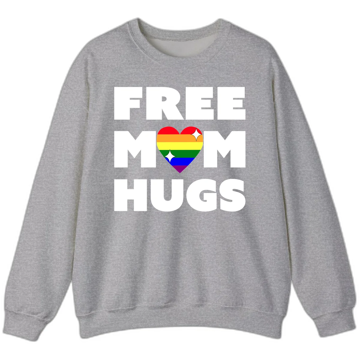 Free Mom Hugs design with rainbow pride heart featuring red, orange, yellow, green, blue, and purple stripes with white sparkles in Sport Grey