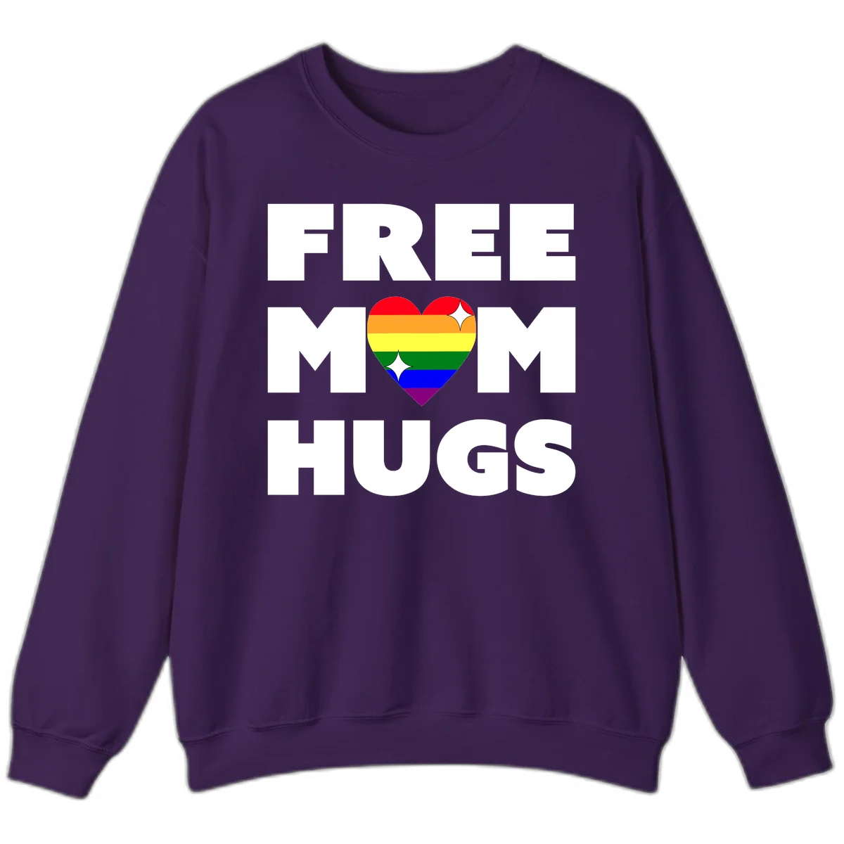 Free Mom Hugs design with rainbow pride heart featuring red, orange, yellow, green, blue, and purple stripes with white sparkles in Purple