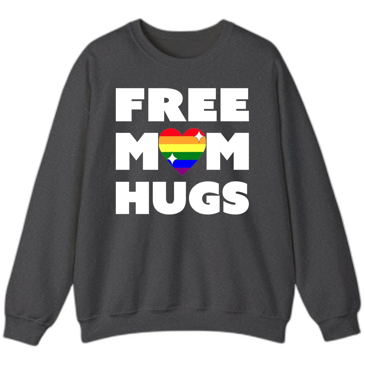 Free Mom Hugs design with rainbow pride heart featuring red, orange, yellow, green, blue, and purple stripes with white sparkles in Dark Heather