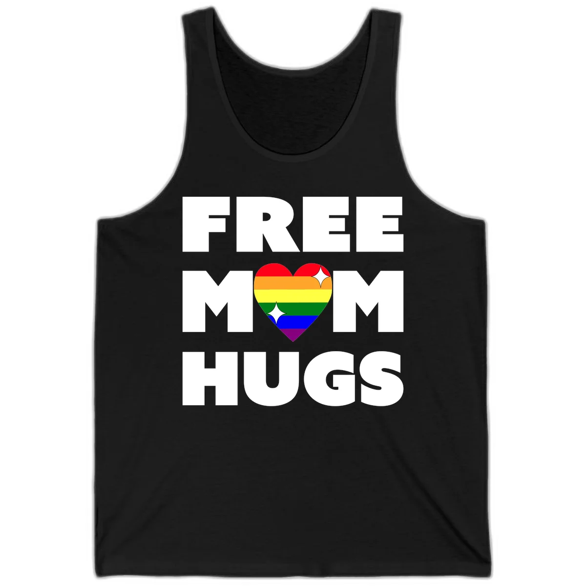 Free Mom Hugs design with rainbow pride heart featuring red, orange, yellow, green, blue, and purple stripes with white sparkles in Black