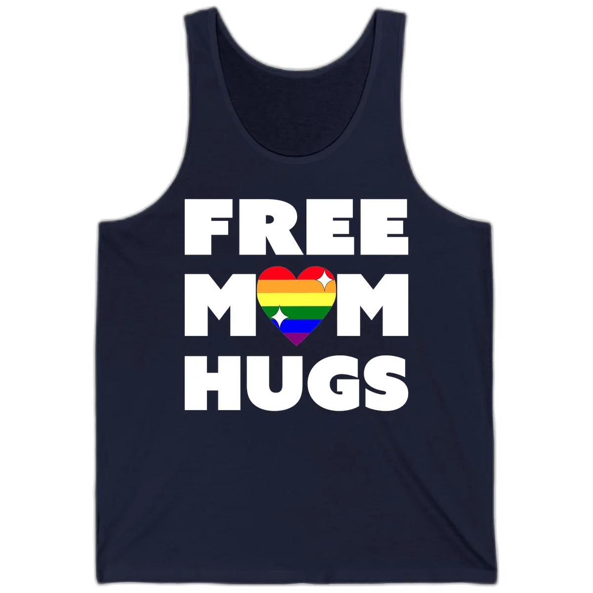 Free Mom Hugs design with rainbow pride heart featuring red, orange, yellow, green, blue, and purple stripes with white sparkles in Navy