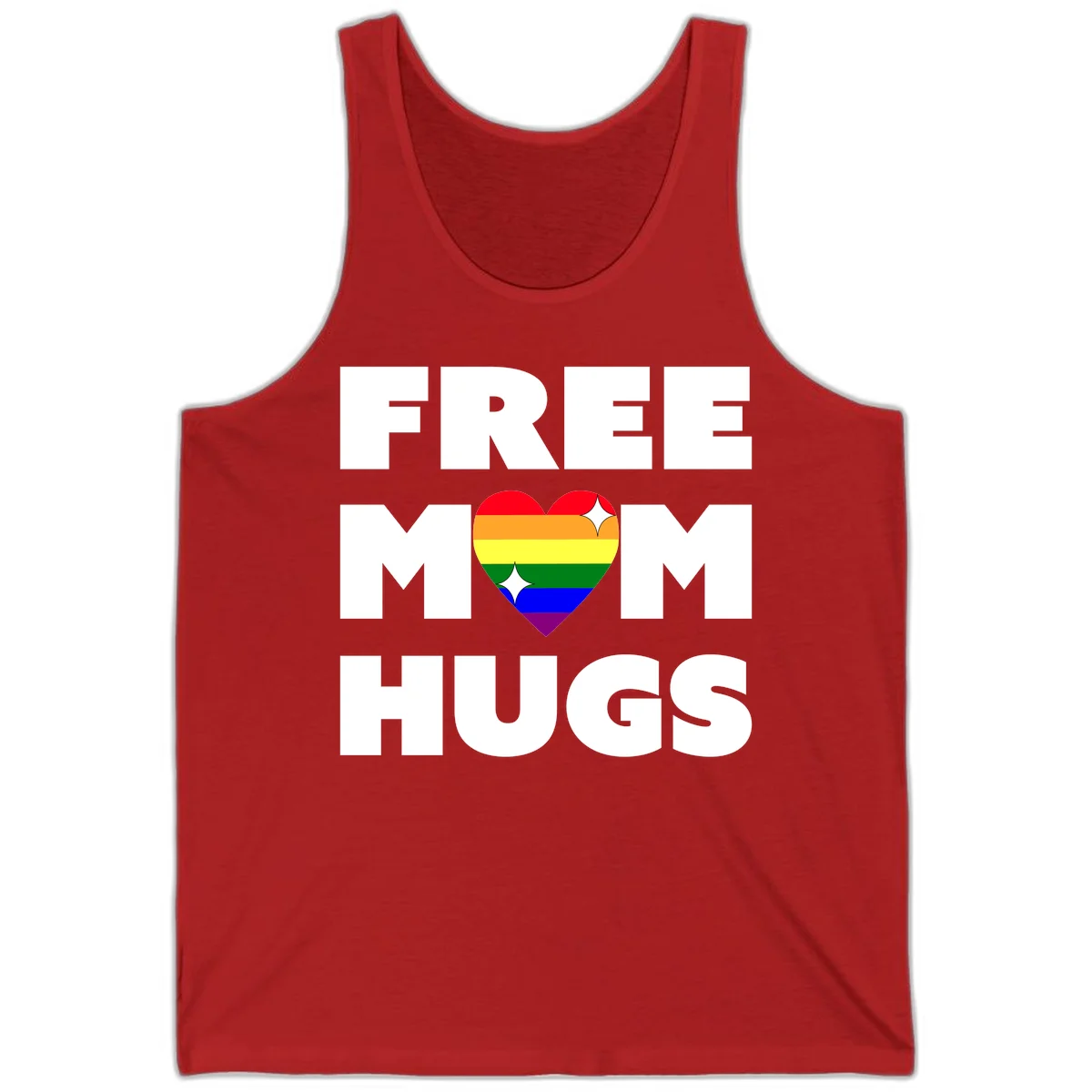 Free Mom Hugs design with rainbow pride heart featuring red, orange, yellow, green, blue, and purple stripes with white sparkles in Red