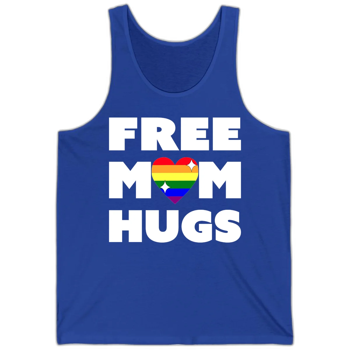 Free Mom Hugs design with rainbow pride heart featuring red, orange, yellow, green, blue, and purple stripes with white sparkles in True Royal
