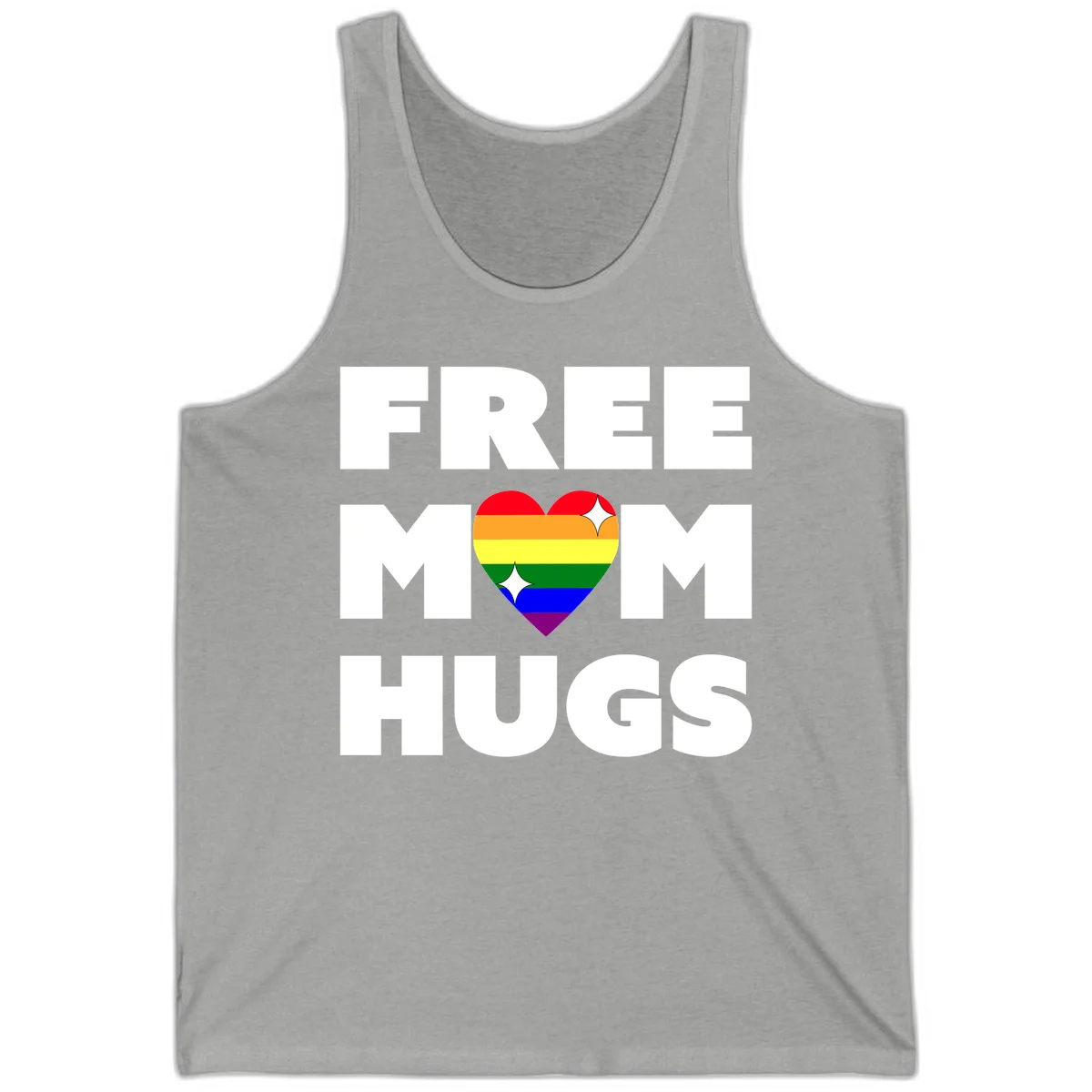 Free Mom Hugs design with rainbow pride heart featuring red, orange, yellow, green, blue, and purple stripes with white sparkles in Athletic Heather